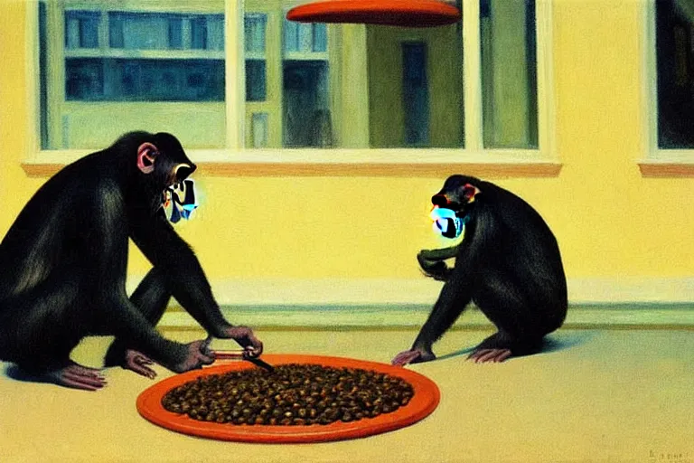 Prompt: a highly detailed painting of chimpanzees cooking lentil dhaal, by Edward hopper