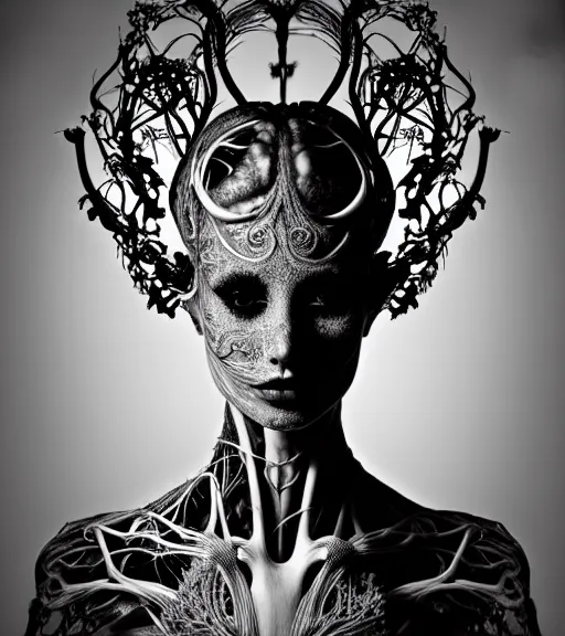 Image similar to dark background, a black and white high quality dreamy photo of a young beautiful female queen-vegetal-dragon-cyborg bust with a very long neck and delicate Mandelbrot fractal face, anatomical, facial muscles, veins, arteries, elegant, highly detailed, flesh highly baroque ornate, hair are curled wired cables, elegant, poetic, dreamy, mysterious, high fashion, rim light, in the style of Ellen von Unwerth, Realistic, Refined, Digital Art, Highly Detailed, Cinematic Lighting, rim light, black and white, photo-realistic, 8K