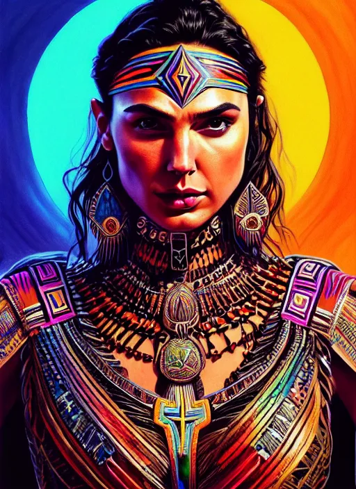 Image similar to portrait of gal gadot, hyper detailed ultra sharp aztec shaman warrior. trending on artstation, warpaint aesthetic, bloodwave, colorful, psychedelic, ornate, intricate, digital painting, concept art, smooth, sharp focus, illustration, art by artgerm and greg rutkowski and h. r. giger, 8 k