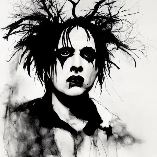 Image similar to portrait of young robert smith as dream from sandman, by jeremy mann, by mike mignola, by dave mckean and richard avedon and maciej kuciara, 1 9 8 0's, punk rock, gothic, the cure, high detailed, 8 k