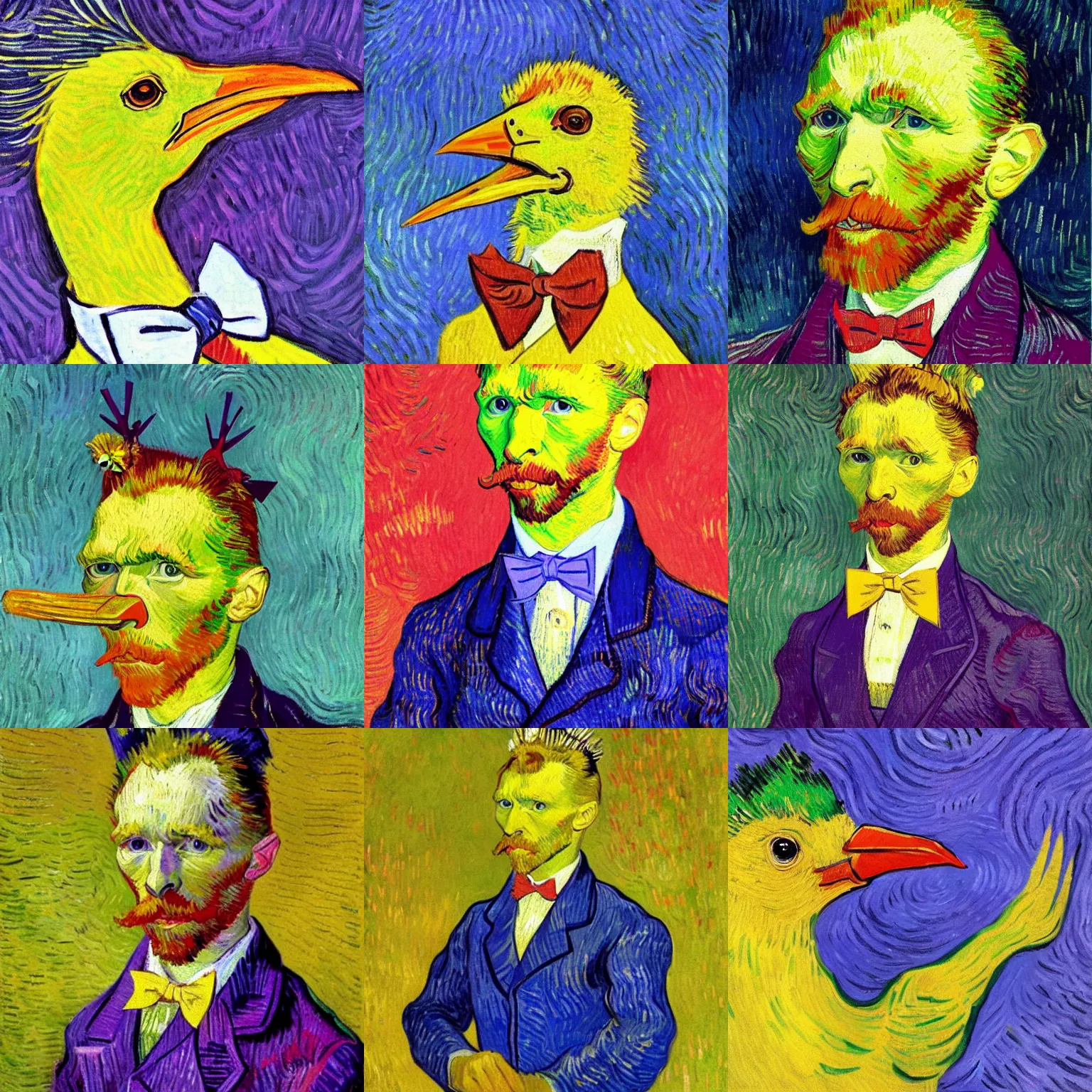 Prompt: an elegant yellow bird with a red bow tie and a crown, painting by vincent van gogh, purple background, post-impressionism, high quality, detailed, 4k