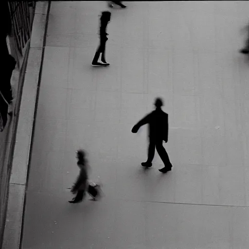 Prompt: street photography silhouettes of people walking, high angle, dynamic composition, blurry, holga camera, ilford hp 5 film