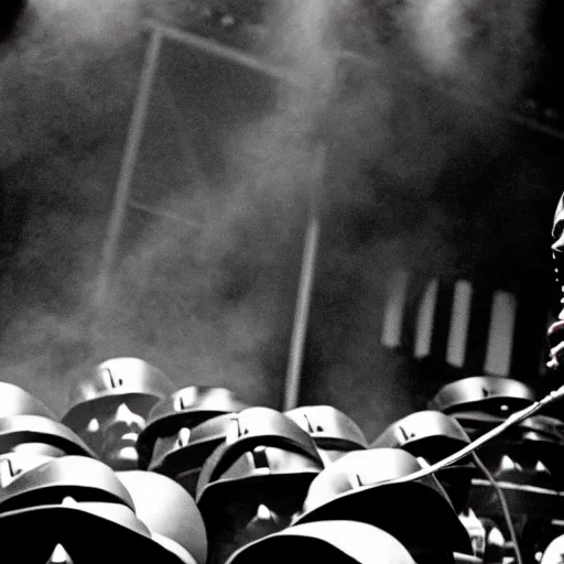 Image similar to mf doom rapping on stage in front of a large crowd, cinematic shot, detailed photography