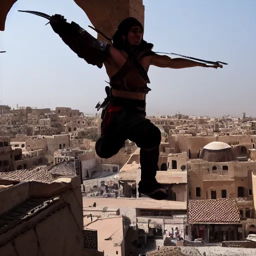 Prompt: an assassin jumping between the roofs of buildings in a middle eastern ancient town