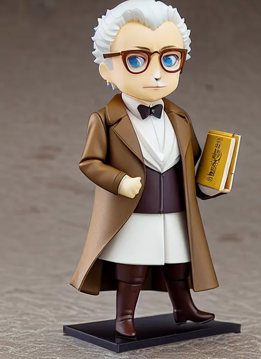 Prompt: nendoroid aziraphale from good omens, holding a book, good omens tv series, white curly short hair, beige suit, long coat, brown tartan vest, michael sheen