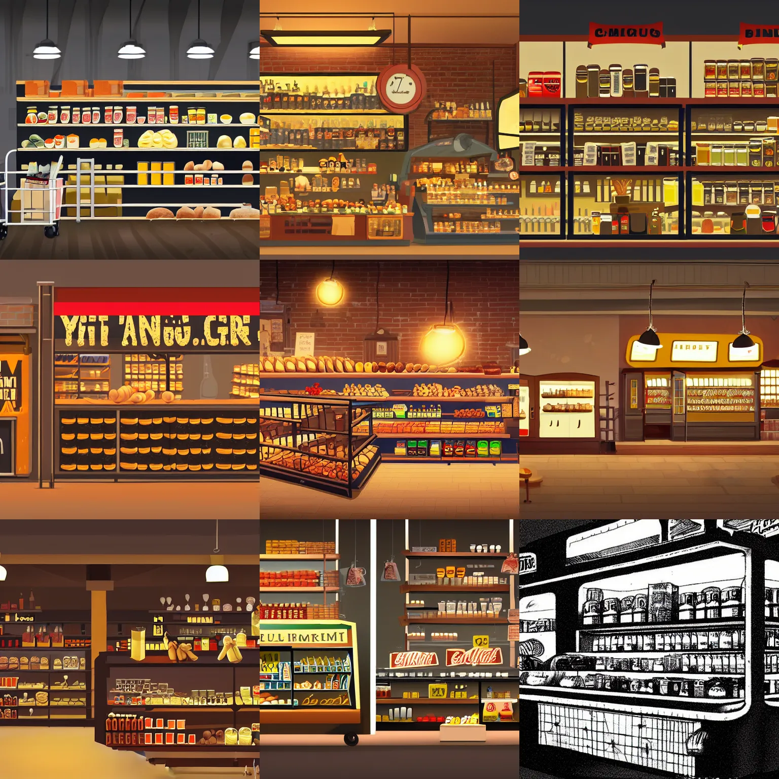 Prompt: Warm lighting, year 1930, inside 1930 little grocery shop, food hanging, breads, cans, inspired by gangster movie, caricature style and pixar style, concept art, realistic shaders