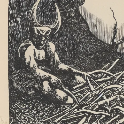 Prompt: the devil sits near a pile of bones in the edge of the woods. Woodblock print. Highly detailed.