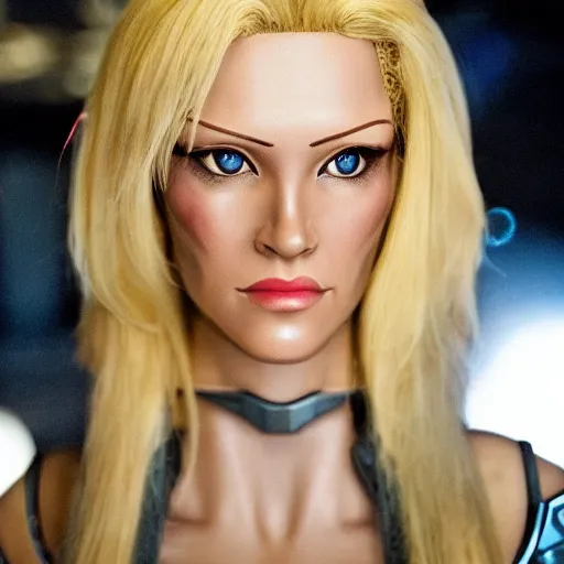 Image similar to wide angle shot of a very pretty blond borg queen on a borg ship, cybernetic implants, perfect face, symmetrical face, moody lighting, shallow depth of field, 8 k, ultra realistic,