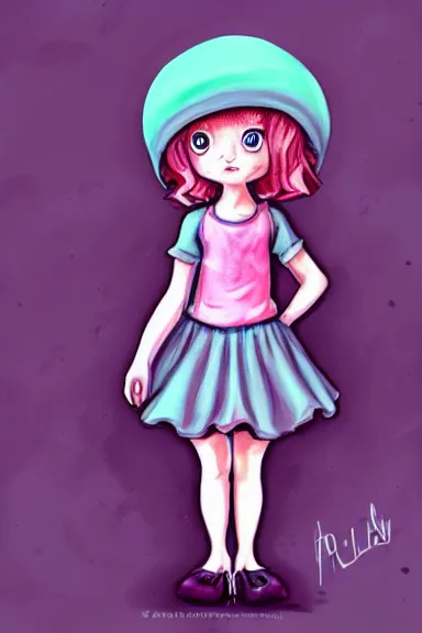 Prompt: a little girl wearing a mushroom hat in dress sitting | | purple curvy hair, pretty face, fine details, digial art by lois van baarle and sakimichan, anatomically correct, perfect composition, symmetrical, fantastic, clean details, anime character, extremely detailed