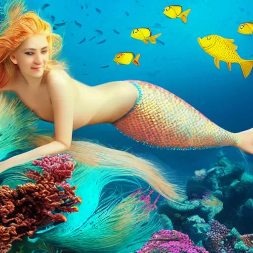 Prompt: photorealistic blonde mermaid riding a colorful seahorse underwater surrounded by fish, 4 k