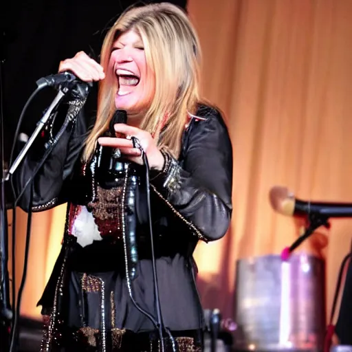 Prompt: detailed concert photograph of Martha Stewart singing in a speed metal band