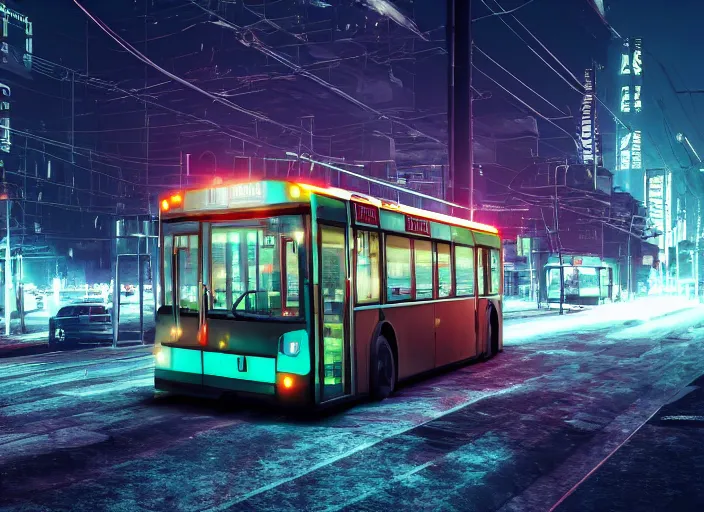 Image similar to trolleybus stands at a stop, headlights shine with neon light, atmospheric, futuristic, cyberpunk, ray tracing global illumination, 8 k resolution, ultra detailed