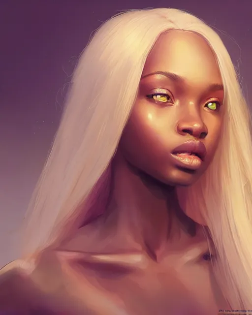 Image similar to portrait of a beautiful african girl, flowy blonde hair, cinematic lighting, highly detailed, digital painting, trending on artstation, pixiv, concept art, sharp focus, illustration, art by ross tran and wlop