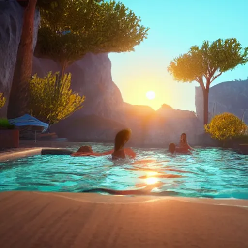 Prompt: swimming into the sunset, realistic, warm lighting, unreal engine