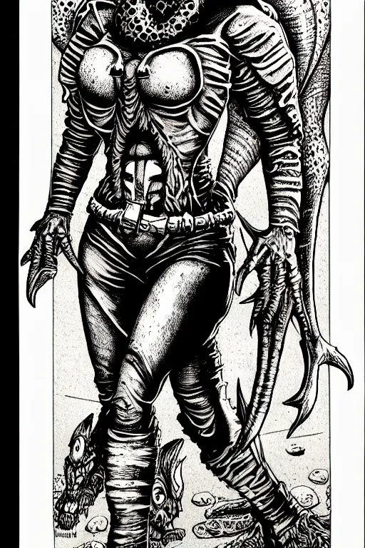 Image similar to dana scully as a d & d monster, full body, pen - and - ink illustration, etching, by russ nicholson, david a trampier, larry elmore, 1 9 8 1, hq scan, intricate details, stylized border