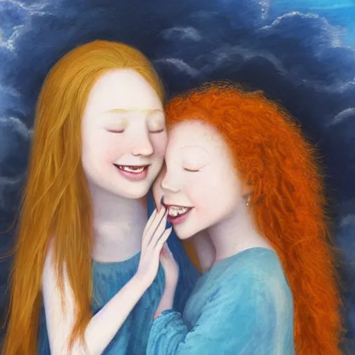 Prompt: a young blue haired girl hugging a young ginger haired girl and smiling, beautiful, innocent, angelic, happy, warm, soft lighting, in the clouds, renaissance, beautiful, cherubic, oil painting