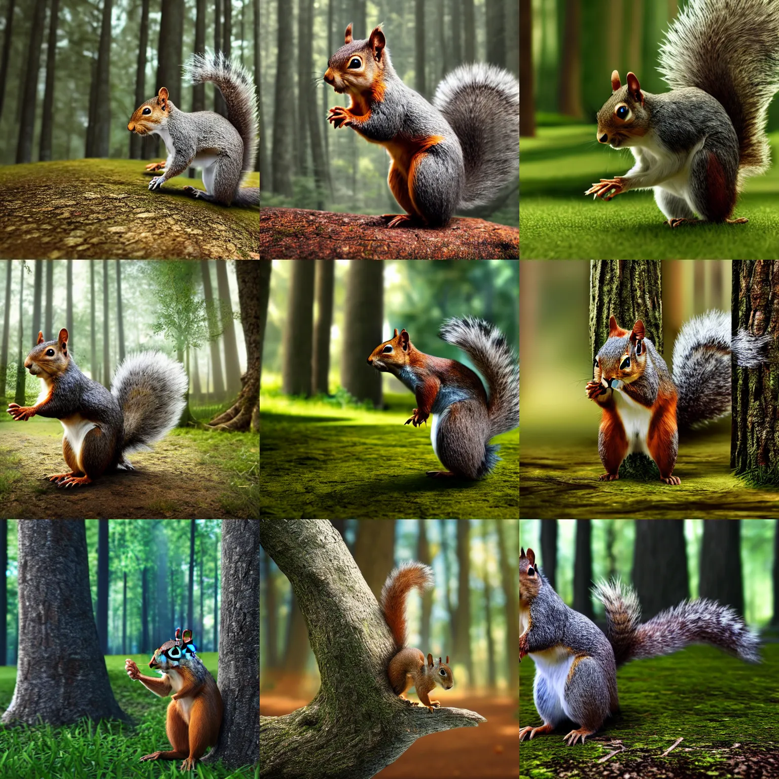 Prompt: a squirrel running on two legs like a human through a forest full of tall trees. Highly detailed, unity render, art station, 4k, high quality