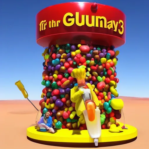 Prompt: promotional movie still the biggest frying pan in the world is in a desert. in the pan are life - size gummi bears that are melting. it's very sunny and very hot. the gummi bears are sweating. octane 3 d render, ue 5, cinematic, imax 7 0 mm, product lighting, dramatic lighting. concept art, ultrarealistic, very detailed.