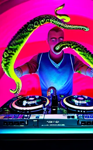 Image similar to award winning photo of an octopus! as a dj with tentacles! simultaneously placed turntables cdjs and knobs of a pioneer dj mixer. sharp, blue and fuschia colorful lighting, in front of a large crowd, studio, medium format, 8 k detail, volumetric lighting, wide angle, at an outdoor psytrance festival main stage at night