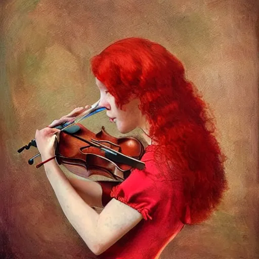 Prompt: woman with red hair red dress at the center of the stage playing redwood violin, artistic, renaissance, soft, detailed, art nouveau, artwork of the century, precision