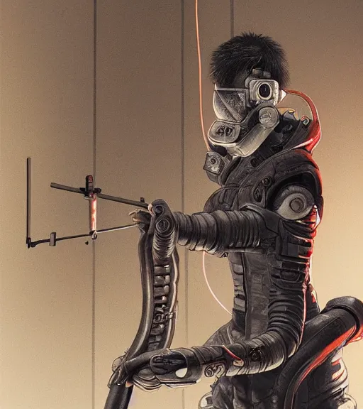 Image similar to realistic cyberpunk japanese engineer with long limbs and a black spacesuit welding a wall, techwear, dead space, visible face, Industrial Scifi, detailed illustration, character portrait, by Martin Grip and Moebius