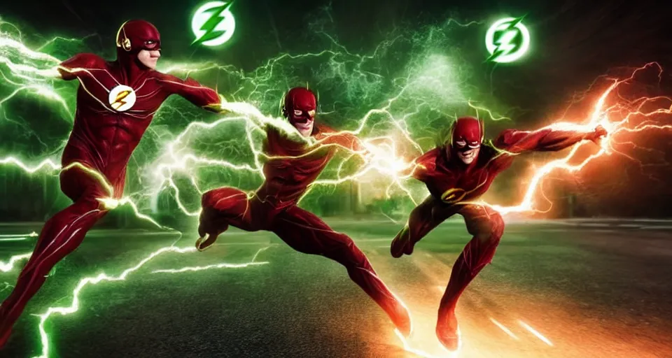 Prompt: The Flash Battles The Green Lantern, Designed By Moebius Yasushi Nirasawa and HR Giger, full body action pose, hyperrealistic, octane render, HDR, volumetric lighting,