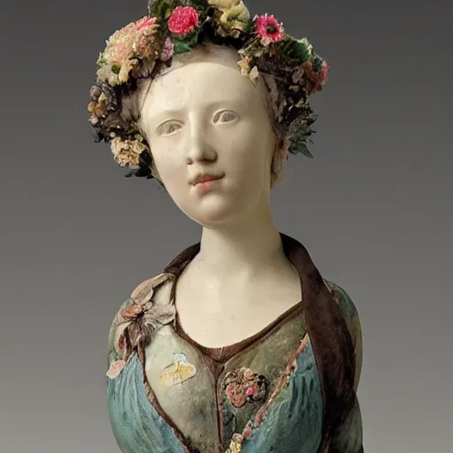 Prompt: a portrait of a beautiful woman sanitatem flores h 3 1 w 1 8 d 2 5 cm glazed stoneware, fragments 1 9 th century flower encrusted porcelain, like billie bond