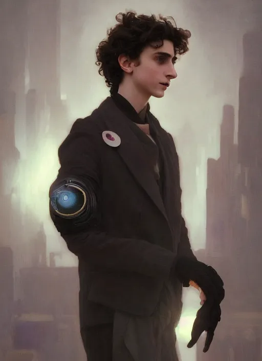 Image similar to timothee chalamet in future fashion futurism as thufir hawat, human computer, VR headset, cyber augmentation implant, digital art from artstation by Ruan Jia and Mandy Jurgens and Artgerm and william-adolphe bouguereau