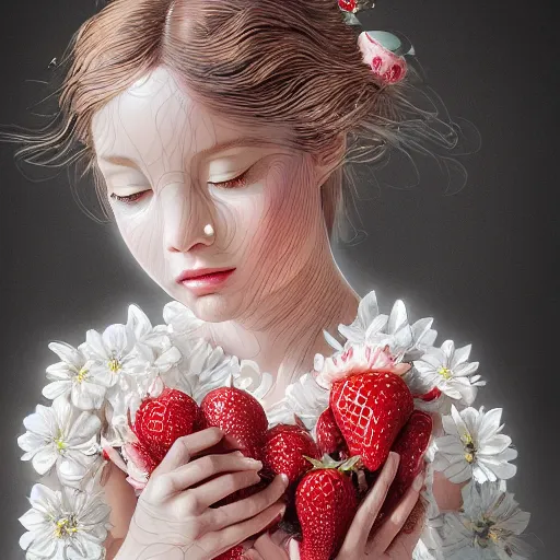 Image similar to the portrait of an absurdly beautiful, graceful, elegant, sophisticated, fashionable little girl made of strawberries and white petals looking down, an ultrafine hyperdetailed illustration by kim jung gi, irakli nadar, intricate linework, bright colors, octopath traveler, final fantasy, unreal engine 5 highly rendered, global illumination, radiant light, detailed and intricate environment