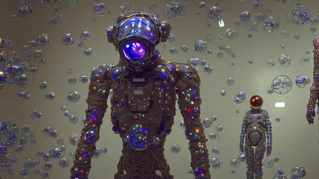 Image similar to a cybernetic symbiosis of a single astronaut mech-organic eva suit made of pearlescent wearing knitted shiny ceramic multi colored yarn thread infected with diamond 3d fractal lace iridescent bubble 3d skin dotted covered with orb stalks of insectoid compound eye camera lenses floats through the living room, film still from the movie directed by Denis Villeneuve with art direction by Salvador Dalí, wide lens,kevlar,carbon fiber,ceramics,gaseous materials,