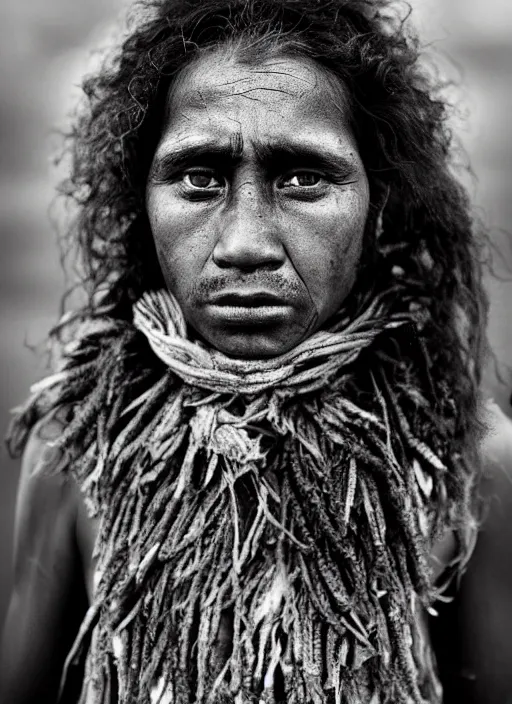 Image similar to Award winning Editorial photo of a Native Nauruans with incredible hair and beautiful hyper-detailed eyes wearing traditional garb by Lee Jeffries, 85mm ND 5, perfect lighting, gelatin silver process