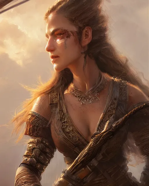 Image similar to A beautiful female warrior posing on a boat, beautiful face, highly detailed face, close-up, fantasy art, female art, in the style of greg rutkowski, illustration, epic, fantasy, intricate, hyper detailed, artstation, concept art, smooth, sharp focus, ray tracing