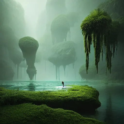 Prompt: indoors. dangerous creature lurking, eyes visible. a large body of water with green algae in it, a matte painting by filip hodas, cg society contest winner, environmental art, matte painting, volumetric lighting, cryengine