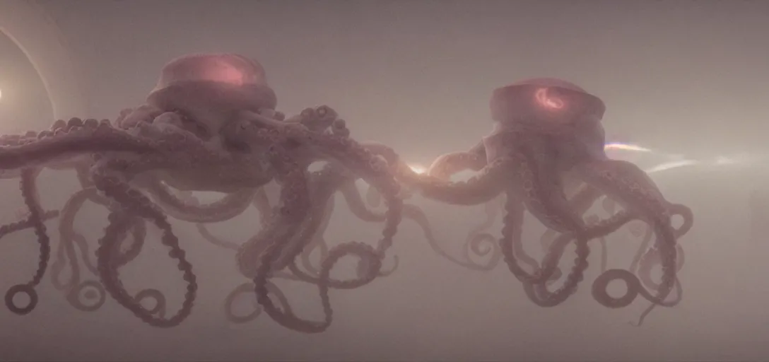 Image similar to a robotic octopus'tentacles wrapped around jupiter, foggy, cinematic shot, photo still from movie by denis villeneuve, wayne barlowe