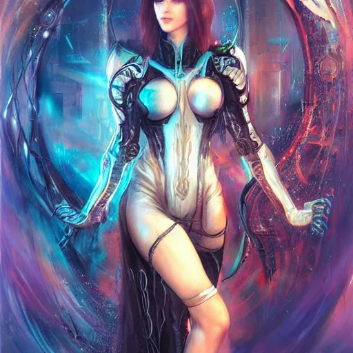 Prompt: a full body beautiful woman wearing a cyberpunk outfit by karol bak, ayami kojima, artgerm, sakimichan, arabian beauty, blue eyes, smile, concept art, fantasy