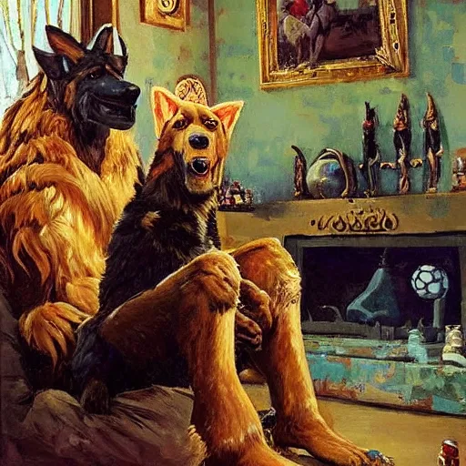 Image similar to a humanoid german shepherd beast - man, sitting and watching a soccer match in his house on television, he has hurt his knee and is a dad, by erin hanson, alexi zaitsev, karl spitzweg, award winning, tv set