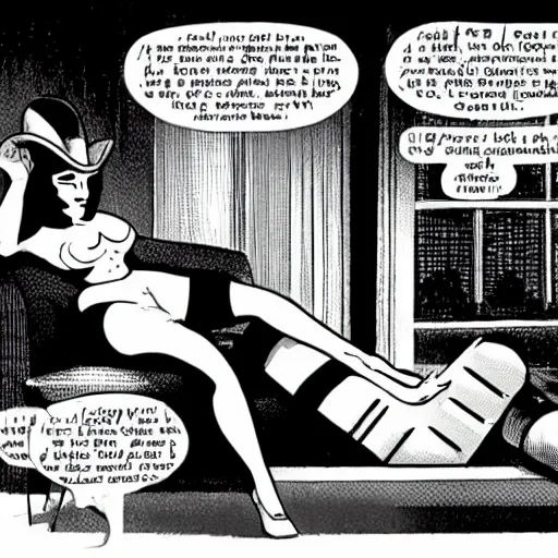 Prompt: comic-book panel of a woman laying back on a chaise lounge with cigarette in her hand while Rorschach from Watchmen asks her psychological questions