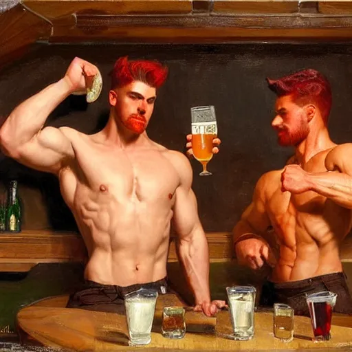 Prompt: attractive muscular male with red hair, shorts, and muscular attractive male with black hair, pants, drinking their hearts out, in a pub. very defined and highly detailed painting by j. c. leyendecker, gaston bussiere, craig mullins 8 k