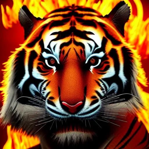 Image similar to a flaming fire tiger made completely of flames and fire, portrait, fantasy, beautiful face, vivid colors, elegant, concept art, sharp focus, digital art, hyper - realistic, 4 k, unreal engine, highly detailed, hd, dramatic lighting by brom, trending on artstation