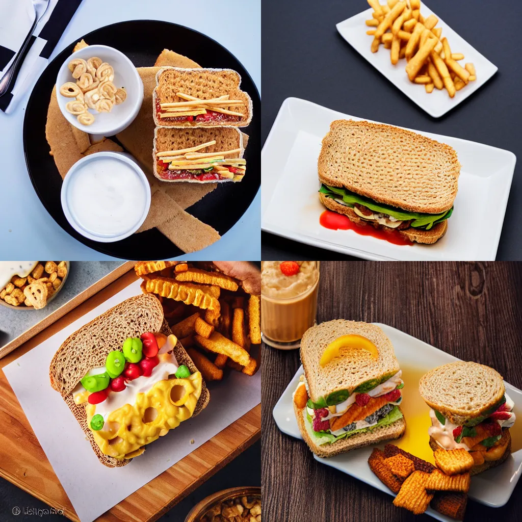 Prompt: cereal sandwich with cereal fries and cereal drink combo meal, food photography