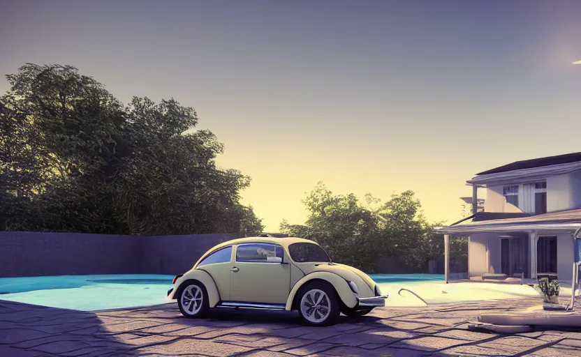 Image similar to a vw beetle parked near a modern small house with a pool at sunrise, concept art, octane render, unreal engine 5, trending on artstation, high quality, highly detailed, 8 k, soft lighting, path traced, godrays, lens flare, hyperrealistic, symmetrical, low contrast, digital art, beautiful, elegant