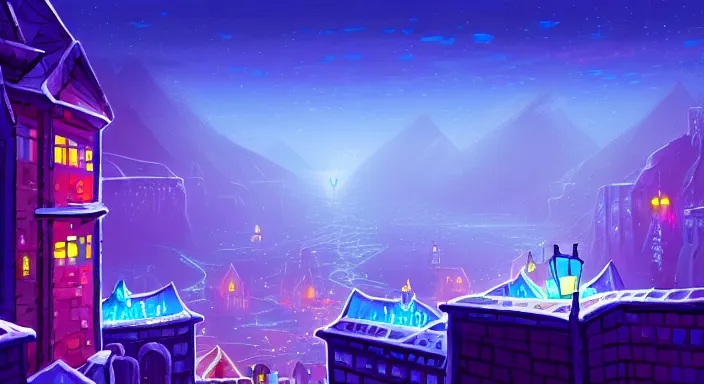 Image similar to beauiful background painting of an ice level of a 2 d sidescroller game, a city full of light in the distance, night time, video game art, pixel art, concept art, vivid and romantic, impressionism, ultra detailed, cool lighting, trending on artstation