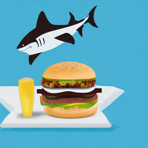 Image similar to a shark eating a cheeseburger