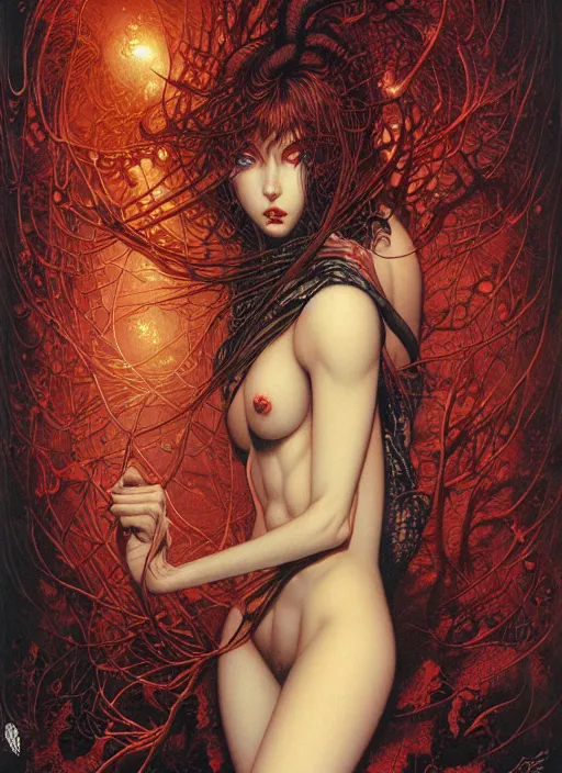 Prompt: realistic detailed image of sexy girl alone in the dark by Ayami Kojima, Amano, Karol Bak, Greg Hildebrandt, and Mark Brooks, Neo-Gothic, gothic, rich deep colors. Beksinski painting. art by Takato Yamamoto. masterpiece. ultra details, high quality, high resolution .