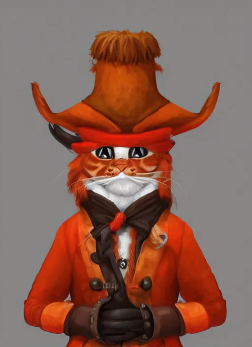 Image similar to digital art of an anthropomorphic orange cat with a red pirate coat and a tricorne hat, smug but playful, realistic, artstation, art by tyler jacobson, highly detailed, colorful, dramatic