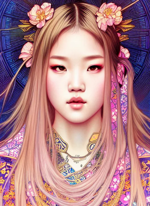 Prompt: jossi of blackpink, yukata, tarot card, highly detailed, digital painting, smooth, sharp focus, illustration, ultra realistic, 8 k, art by artgerm and alphonse mucha