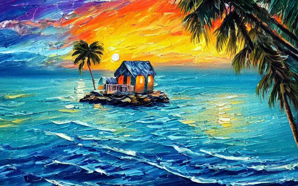 Image similar to in a sea is a tiny island surrounded by water with a cute cozy cottage with a terrace, a paved courtyard with benches a fountain and string lights, palm trees, sunset, puffy clouds, dramatic and dynamic lighting, thick brush strokes oil impasto painting