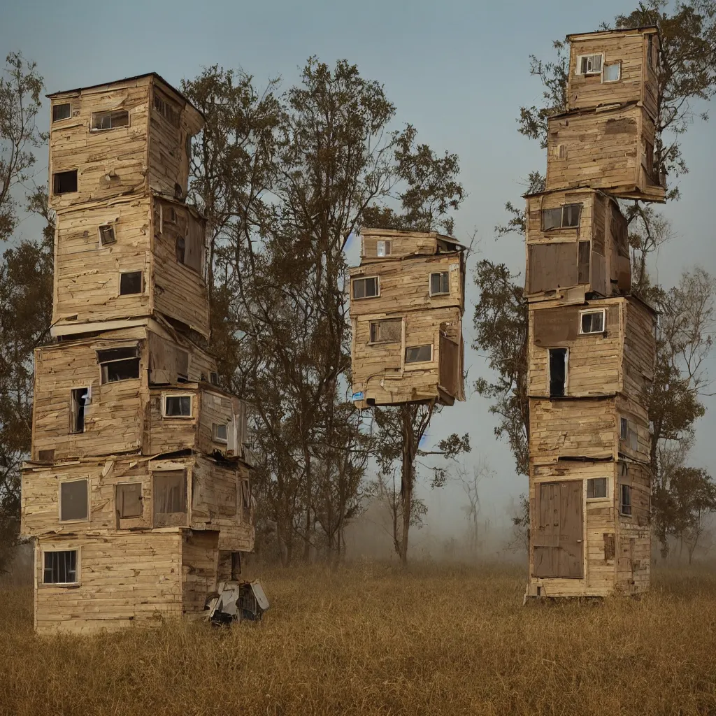 Image similar to two high towers, made up of makeshift squatter shacks with faded colours, plain uniform sky at the back, uneven fog, mamiya, fully frontal view, ultra sharp, very detailed, photographed by julie blackmon