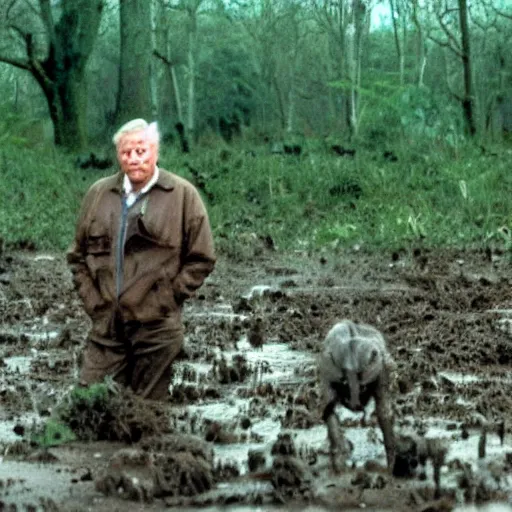 Prompt: cinematic still of sir david attenborough, covered in mud and watching a close predator!!!!!!!!!!! in a swamp in 1 9 8 7 documentary, hd, 4 k