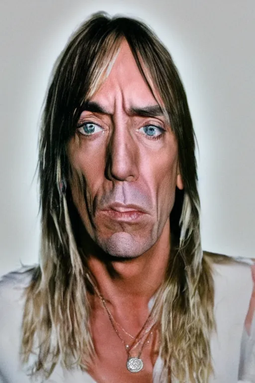 Prompt: a plastic bottle with iggy pop's face on the label